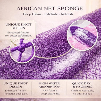 African Net Sponge Authentic, 6 Pieces African Exfoliating Net Sponge Body Back Scrubber Exfoliating Washcloth for Shower Bath for All Types Skin (Black+Purple+Pink+Blue+Olive Green+Gold, 6 Pcs)