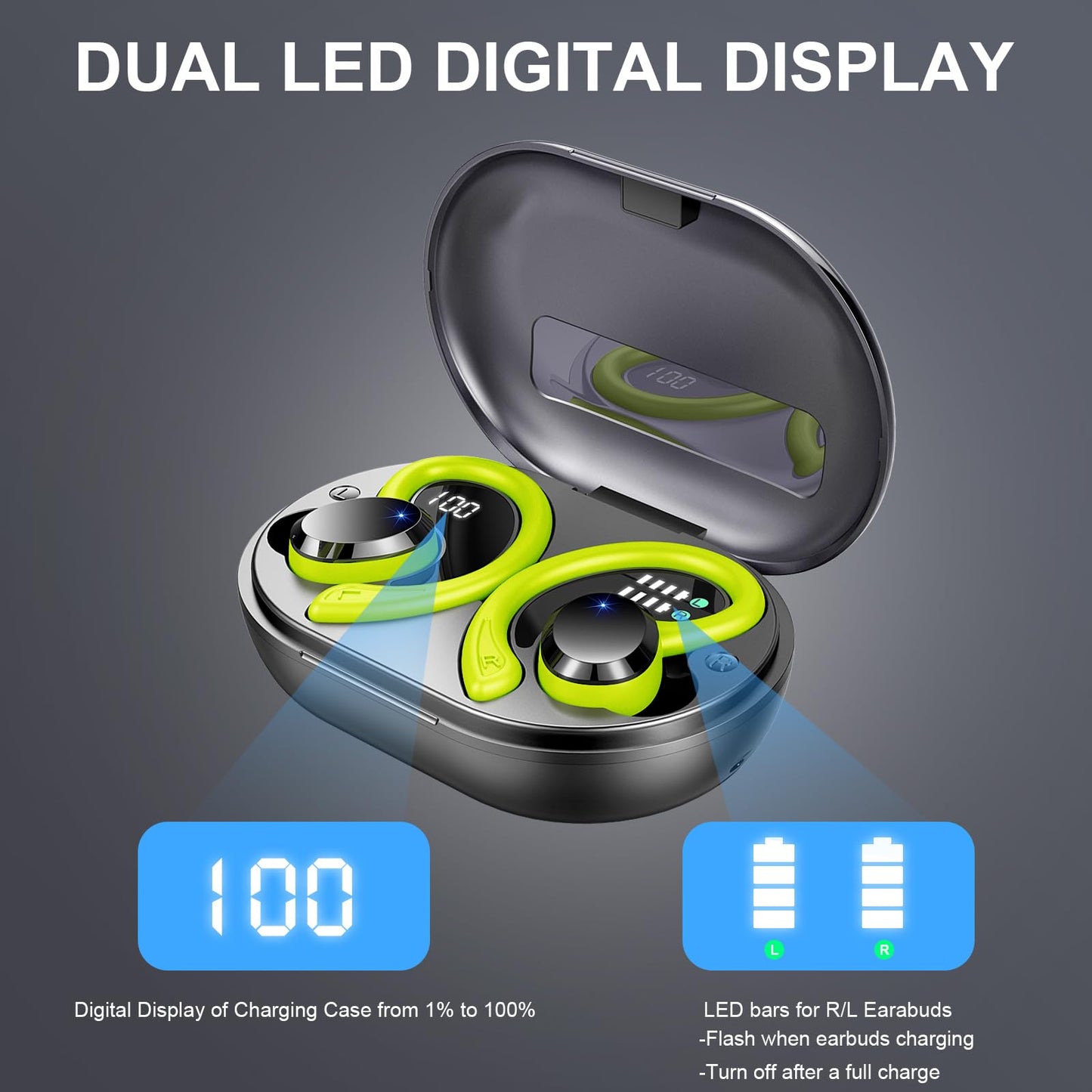 Wireless Earbud, Bluetooth 5.4 Headphones IP7 Waterproof for Sport, 48H Running Wireless Earphones with ENC Noise Cancelling Mic, Deep Bass Over Ear bud with Earhooks for Android, iOS, Workout, Green