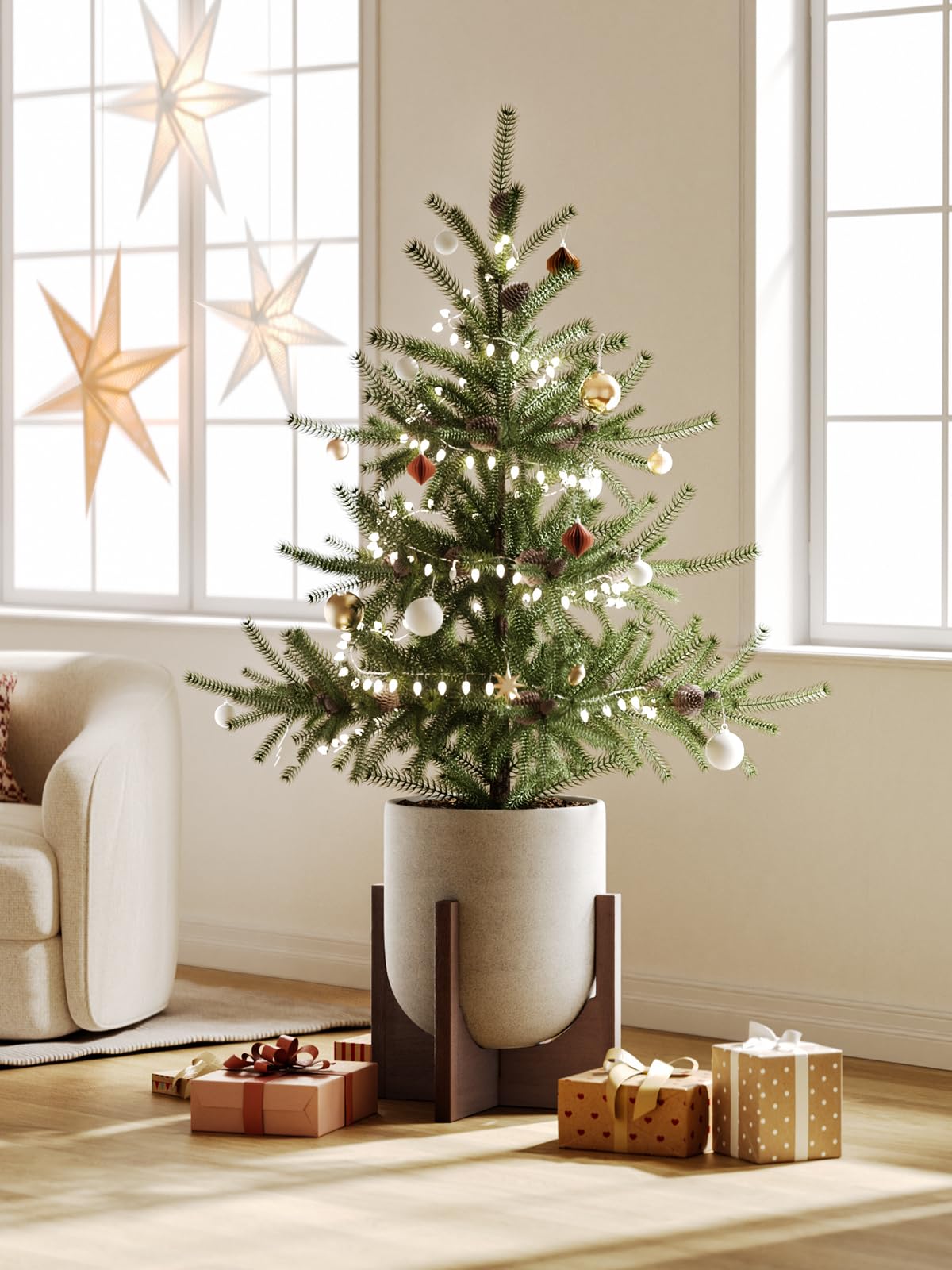 LE TAUCI 12 Inch Plant Pot with Acacia Wood Stand, Ceramic Large Planters for Indoor Plants, Indoor Pots for Plants Office Living Room, Cylinder Planter with Drainage Hole and Plug, Neutral Gray