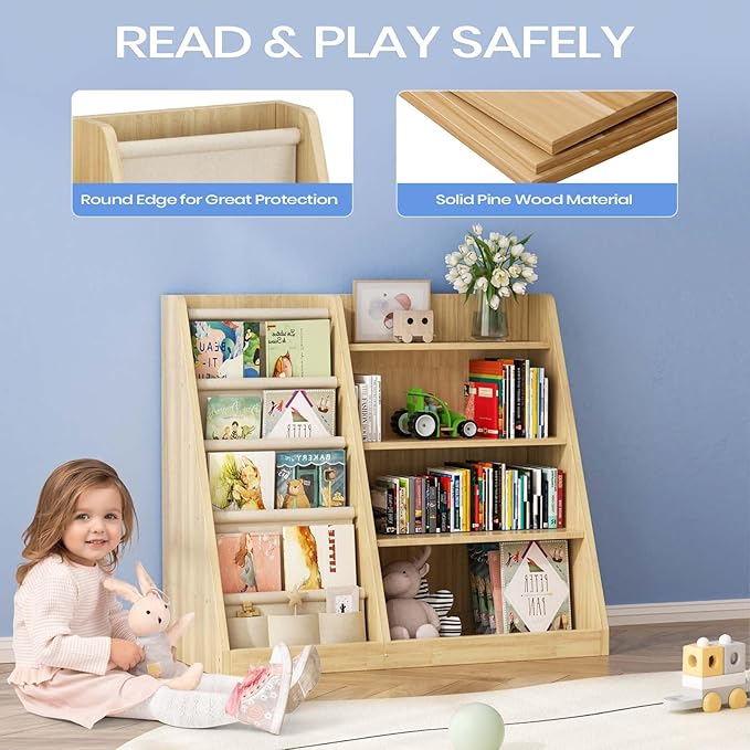 EXPERLAM Kids Bookshelf and Toy Storage Organizer, 4 Tier Wooden Kids Book Shelf