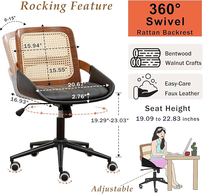 Home Office Desk Chair with Ergonomic Rattan Backrest, Walnut Crafts, Curved