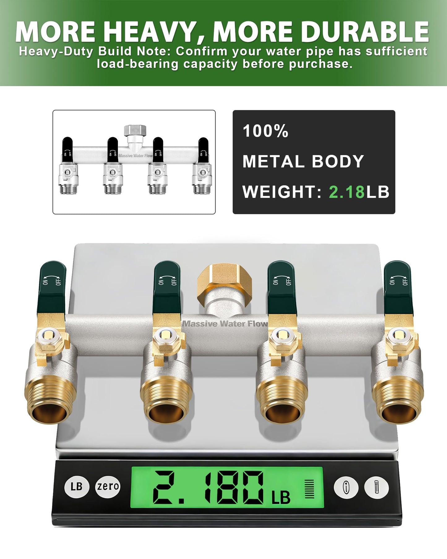 4 Way Hose Splitter, Heavy Duty Full Flow Garden Hose Splitter with 4 Large Metal Handles, Brass Water Hose Bib Splitter, T Adapter Connector with 3/4 - Inch GHT Thread (Green)