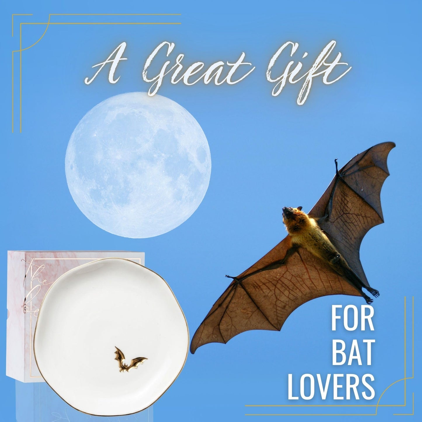 InnoBeta Bat gifts, Halloween Goth gifts, Bat Decorative Trinket Dish, 4.75" Handcrafted Ceramic Ring Dish with Gold Trim, Birthday Gift for Women