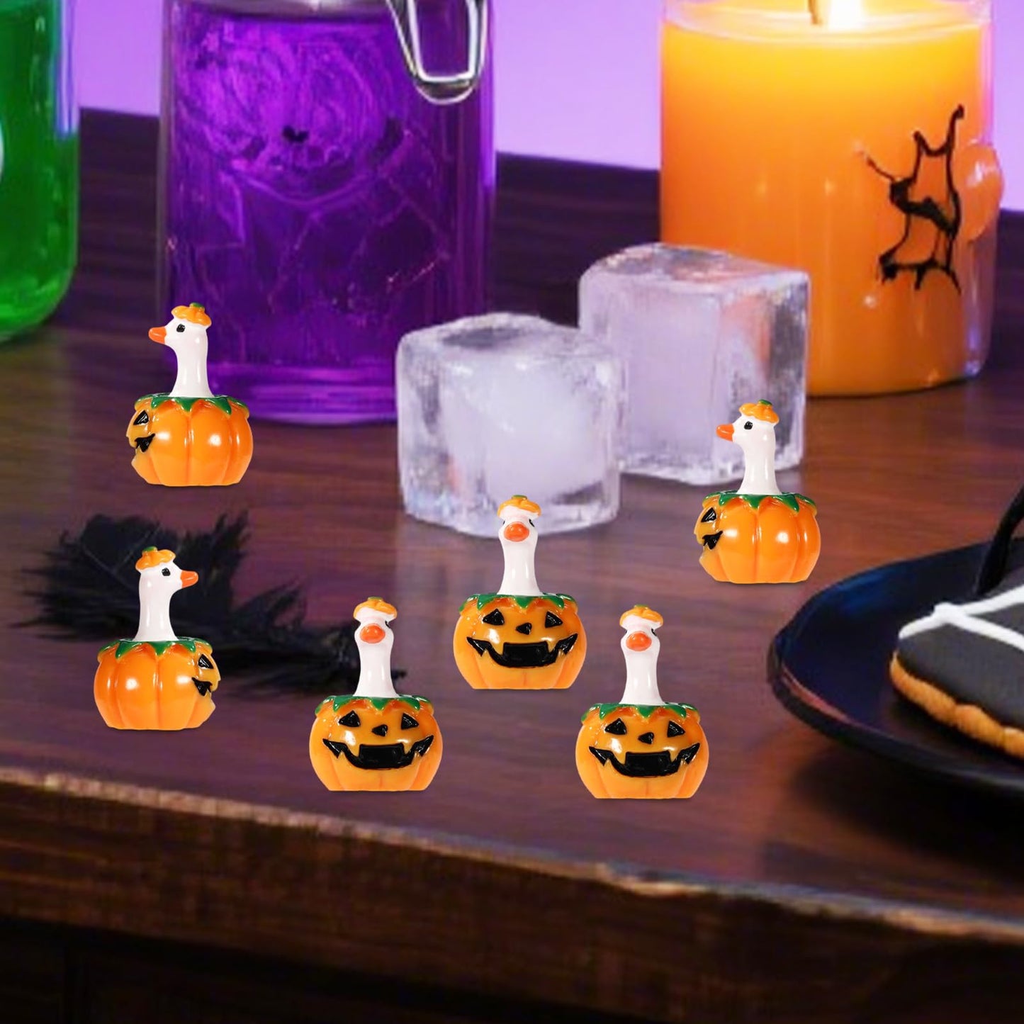 50pcs Mini Small Micro Halloween Pumpkin Goose Figures Bulk, Miniature Tiny Resin Ducks Statues Cute Pumpkin Figurines Decorations for Dollhouse Fairy Garden DIY Craft Party Favors