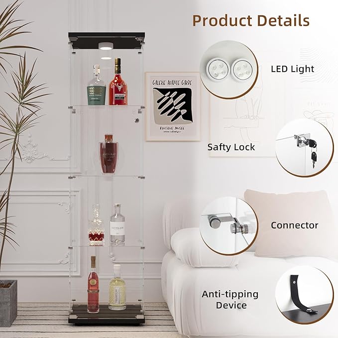 Glass Display Cabinet with LED Light and Lock, 4-Shelf Fast Installation Curio