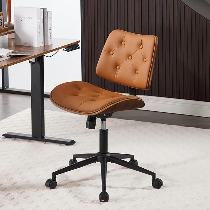 Armless Home Office Chair with Wheels, PU Leather Adjustable Height Computer