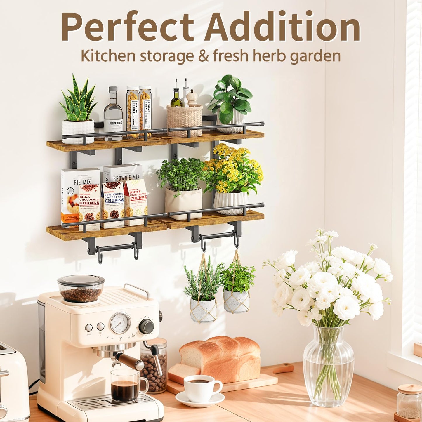 LASZOLA 2Pcs Wall Mount Plant Shelves with 4 Hangers for Indoor, Heavy Duty Metal and Wood Window 2 Tier Floating Flower Holders Stand for Kitchen Bathroom, Modern Display Bracket Rack, Rustic Brown