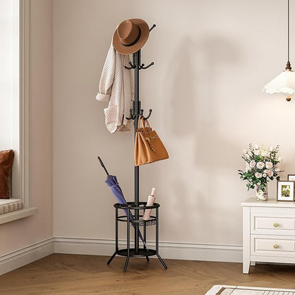 ELYKEN Coat Rack Freestanding, Metal Coat Rack Stand with Umbrella Holder, Modern Coat Tree with 12 Hooks, Floor Standing Corner Hall Tree for Entryway Living Room Bedroom Office, Black