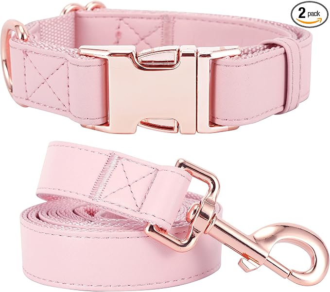 Dog Collar and Leash Set.Soft and Easy to Clean Vegan Leather with Rose Gold Metal Buckle for Small Medium Large Dogs (Pink, M(13.8"-19.7"))