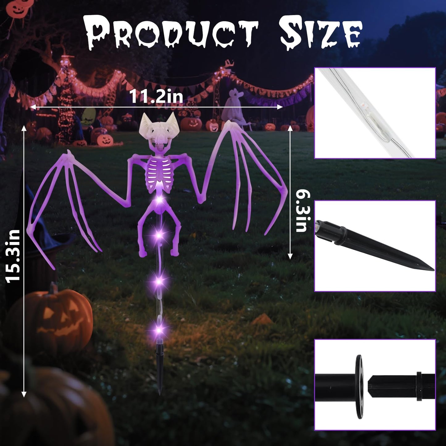 Solar Halloween Decorations Outdoor - 2 Pack 3D Scary Bat & Skeleton Lights, Waterproof LED Solar Garden Lights for Pathway, Lawn, Yard, Patio - Spooky Purple Lighting for Outdoor Holiday Decor