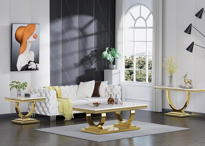 3 Piece Living Room Table Set Include 1 Faux Marble Coffee Table & 2 End Tables, Modern White Gold Coffee Table Set of 3 with Double O Shape Stainless Steel Pedestal Base