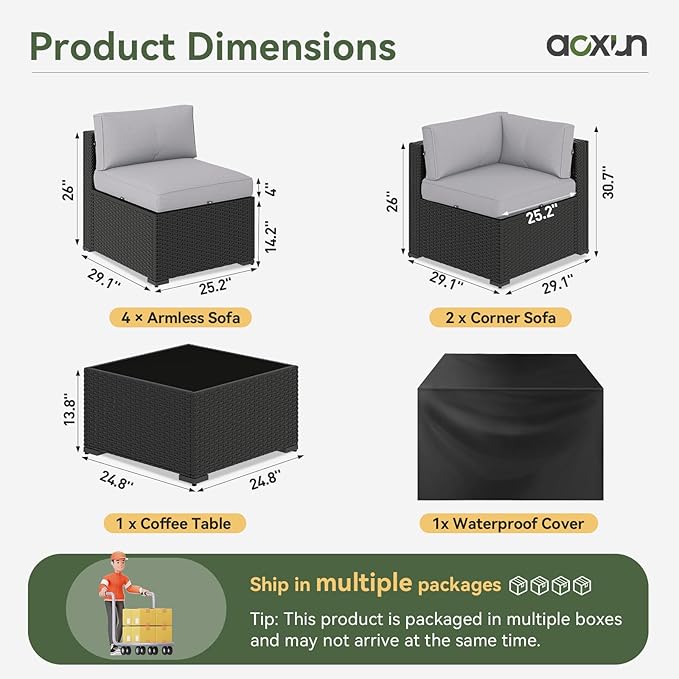 Aoxun 7 Piece Patio Furniture Set, Wicker Rattan Patio Sectional Sofa, Outdoor