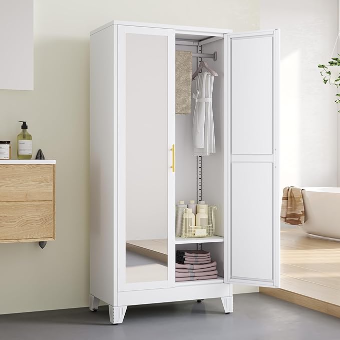 71" Metal Armoire Wardrobe Closet, Steel Clothing Storage Cabinet