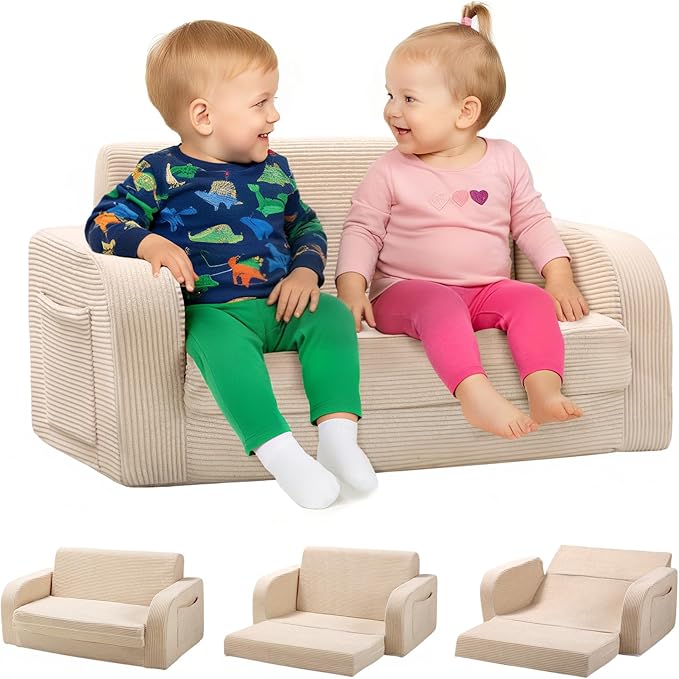 3-in-1 Extra Wide Convertible Kids Couch, Flip Open Toddler Couch to Lounger