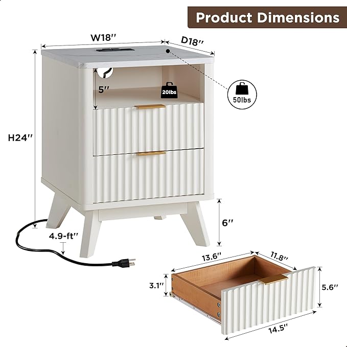 T4TREAM Fluted Nightstand Set of 2