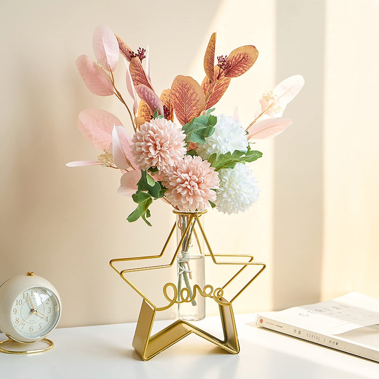 Glass Flower Vase with Metal Frame,Modern Creative Geometric Clear Vase for Flower Centerpieces Decorative,Desktop Hydroponics Vase Plant Terrarium for Home Office Decoration (Gold Star-Love)