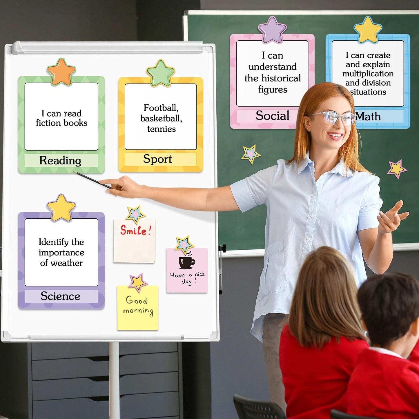 Trandraft 16 Pcs Magnetic Write Wipe Organization Chart Classroom Dry Erase Labels Learning Objectives Board for Whiteboard Goals Targets Classroom Teaching Supplies(Stars)