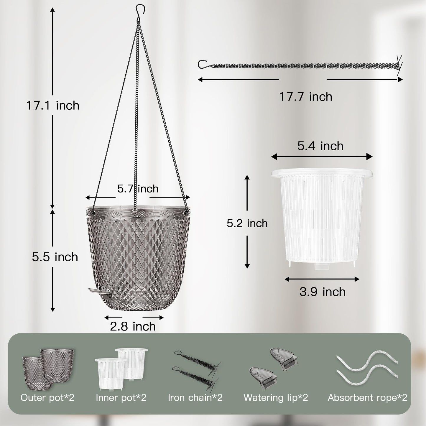 QCQHDU Hanging Planters for Indoor Plants, 2-Pack 5.7 Inch Self Watering Hanging Pots, Plastic Plant Hanger with Drainage Holes and 3 Hooks Chains for Garden Home (Gray)