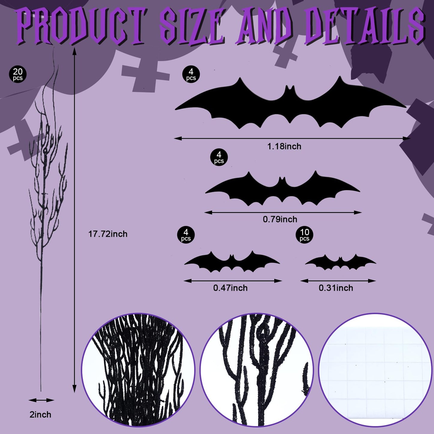 Zeyune 20 Pcs Halloween Black Artificial Branches Floral Picks Vase Filler 17.72 Inch Artificial Curly Willow and 3D Bats Wall Decals Sticker Decor Tree Glittery Flowers for Gothic Home