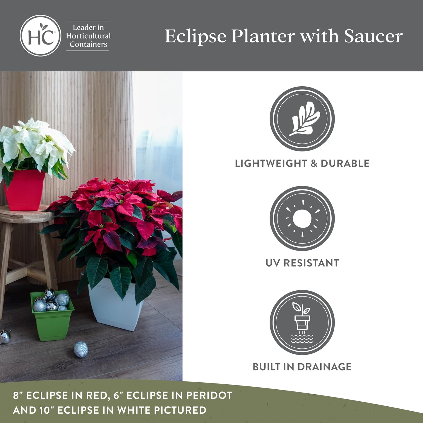 The HC Companies 12 Inch Eclipse Square Planter Pots with Drainage Holes & Attached Saucer, Lightweight UV-Resistant Plastic Indoor Outdoor Planters, 2-Pack Flower Pots for Garden & Home Decor, Clay