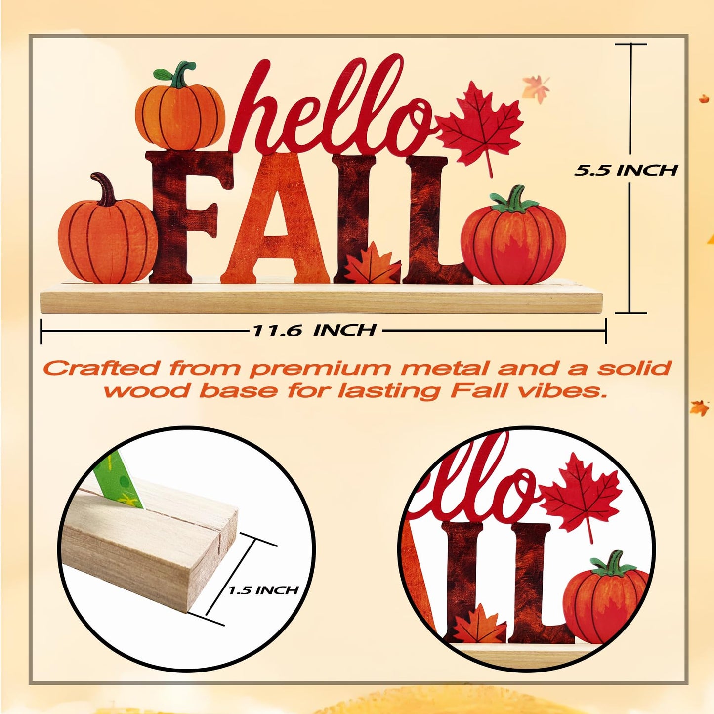 LianheCy Hello Fall Metal Sign with Wooden Base Freestanding Rustic Pumpkin Tabletop Decor Tiered Tray Centerpiece Autumn Decorations for Home Mantel Shelf Fireplace Office