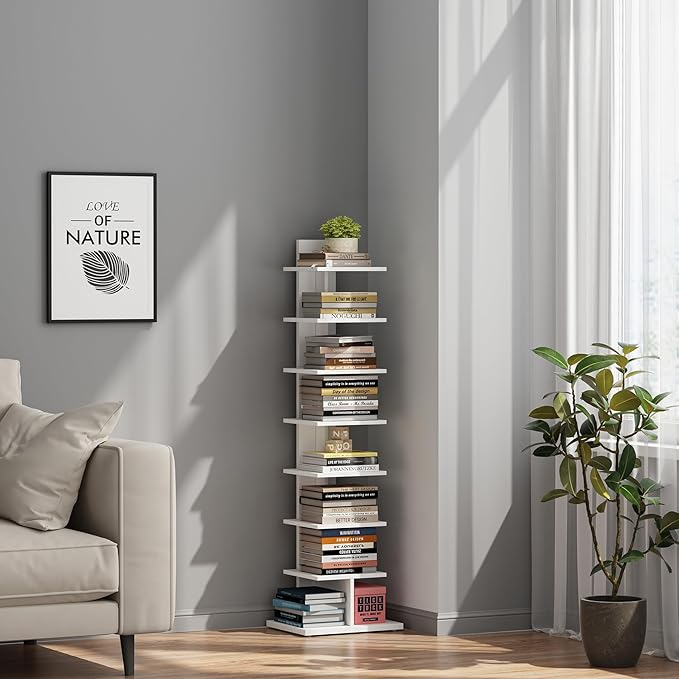 TUTOTAK Narrow Bookshelf, 8-Tier Bookcase, Spine Book Shelf