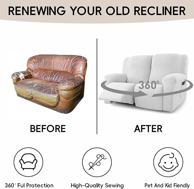 Recliner Loveseat Covers, 4-Piece Stretch Geometric Strokes Jacquard Reclining