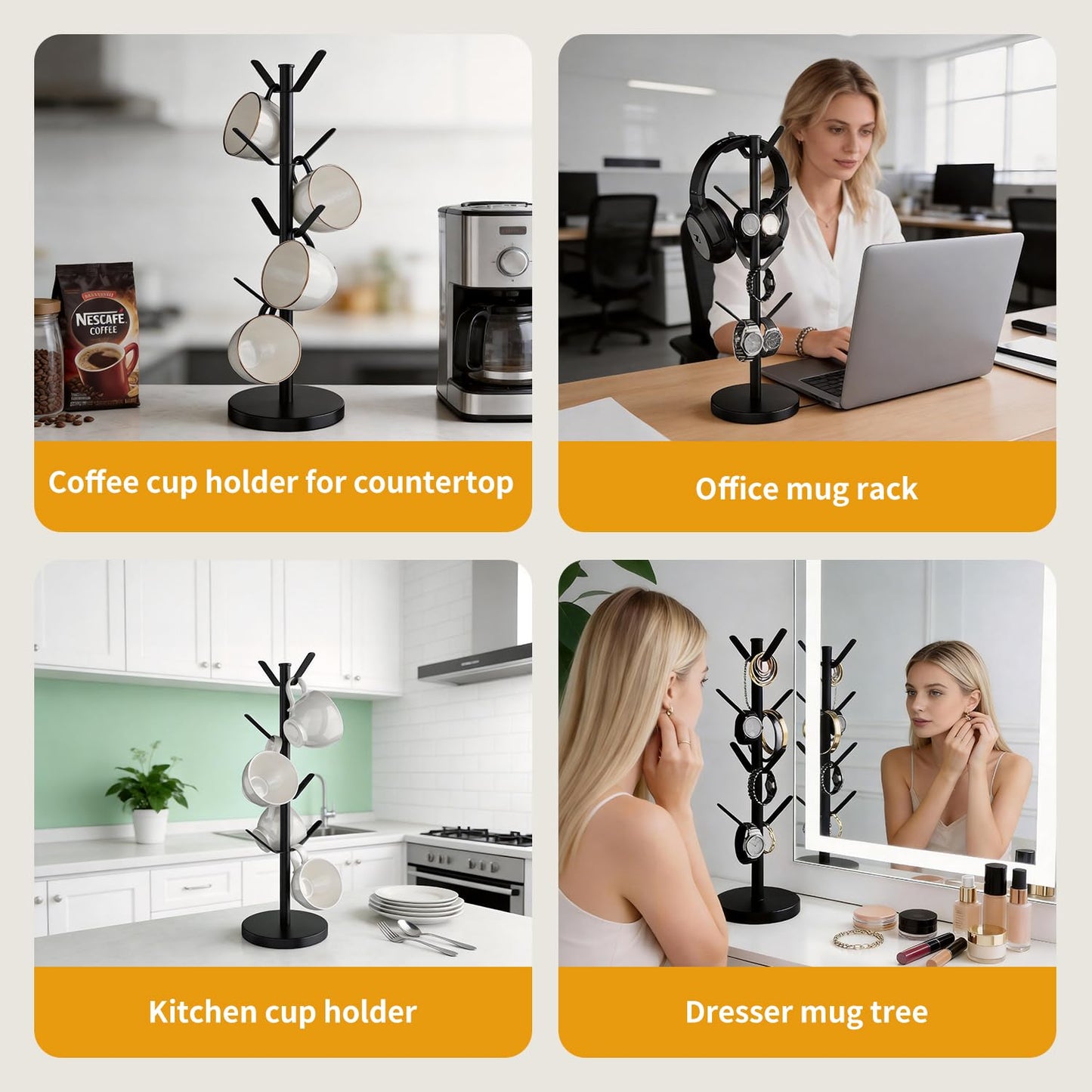 HUILAIXIAN Stainless Steel Mug Holder Tree, Updated Thick Coffee Cup Holder Base, Coffee Cups Stand Mug Holders with 8 Hooks for Countertop Cup Rack Organizer Stand (Black)