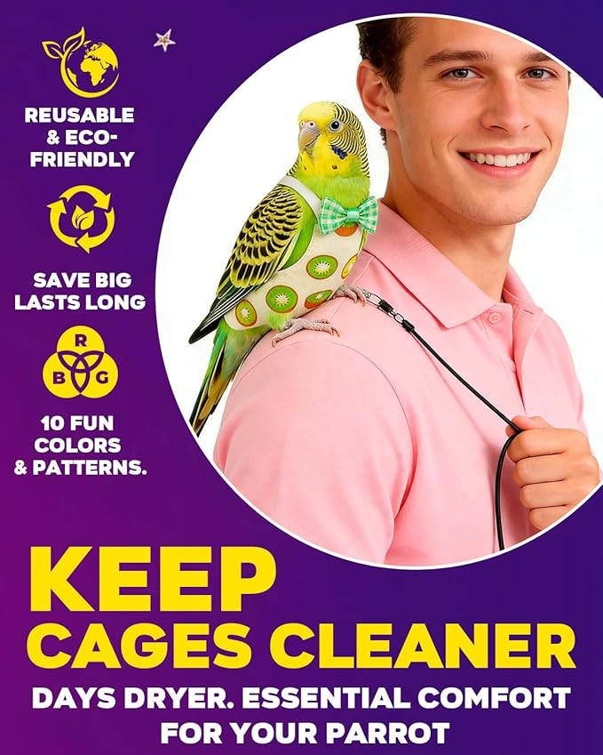 Washable & Secure Parrot Diaper with Adjustable Leash – Reusable Bird Diaper Flight Suits, Chew-Resistant & Waterproof Inner Layer for Cockatiels, Conures, Parakeets, and Small Parrots (Size M)