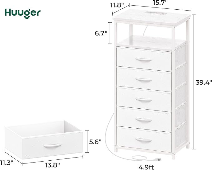 Huuger White Dresser with 5 Drawers & Charging Station, Tall Dresser