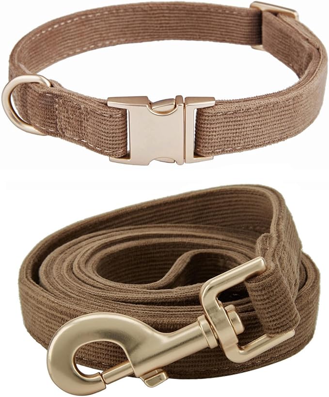 Soft Corduroy Dog Collar and Leash Set Adjustable Durable Dog Collars with Metal Buckle and Lead for Small Dogs,Brown
