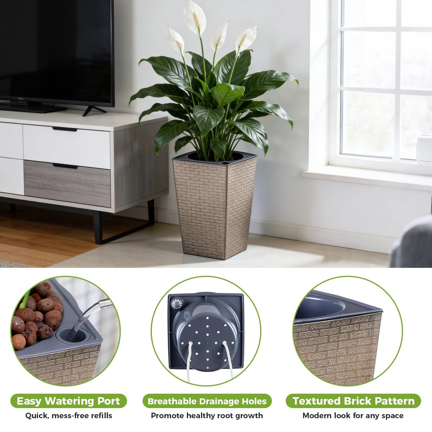 Self Watering Pots for Indoor Plants, 2 Pack Flower Pots Self Watering Planter 10.7" x 6.9" Plastic Pots African Violet Wick and Grow Pots Tall Orchid pots Square Large Plant Pots, Bronze