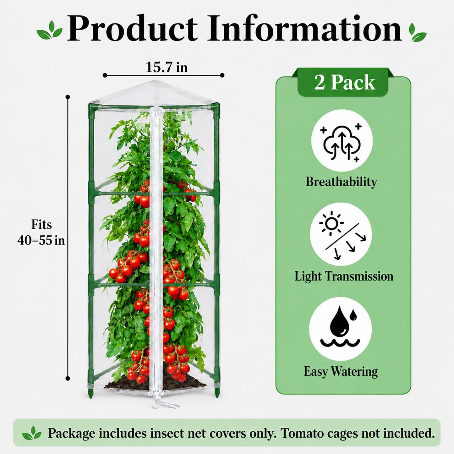 Halatool Garden Tomato Plant Cover Netting, Fits 40–55" Tall Tomato Cages, Garden Bird Netting with Zipper & Drawstring, Insect Barrier, Plant Covers from Insects Animals, 2 Pack, 45"×15.7"