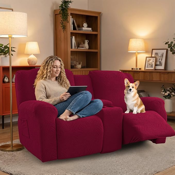 Recliner Loveseat Covers with Console, 6-Piece Stretch Geometric Strokes