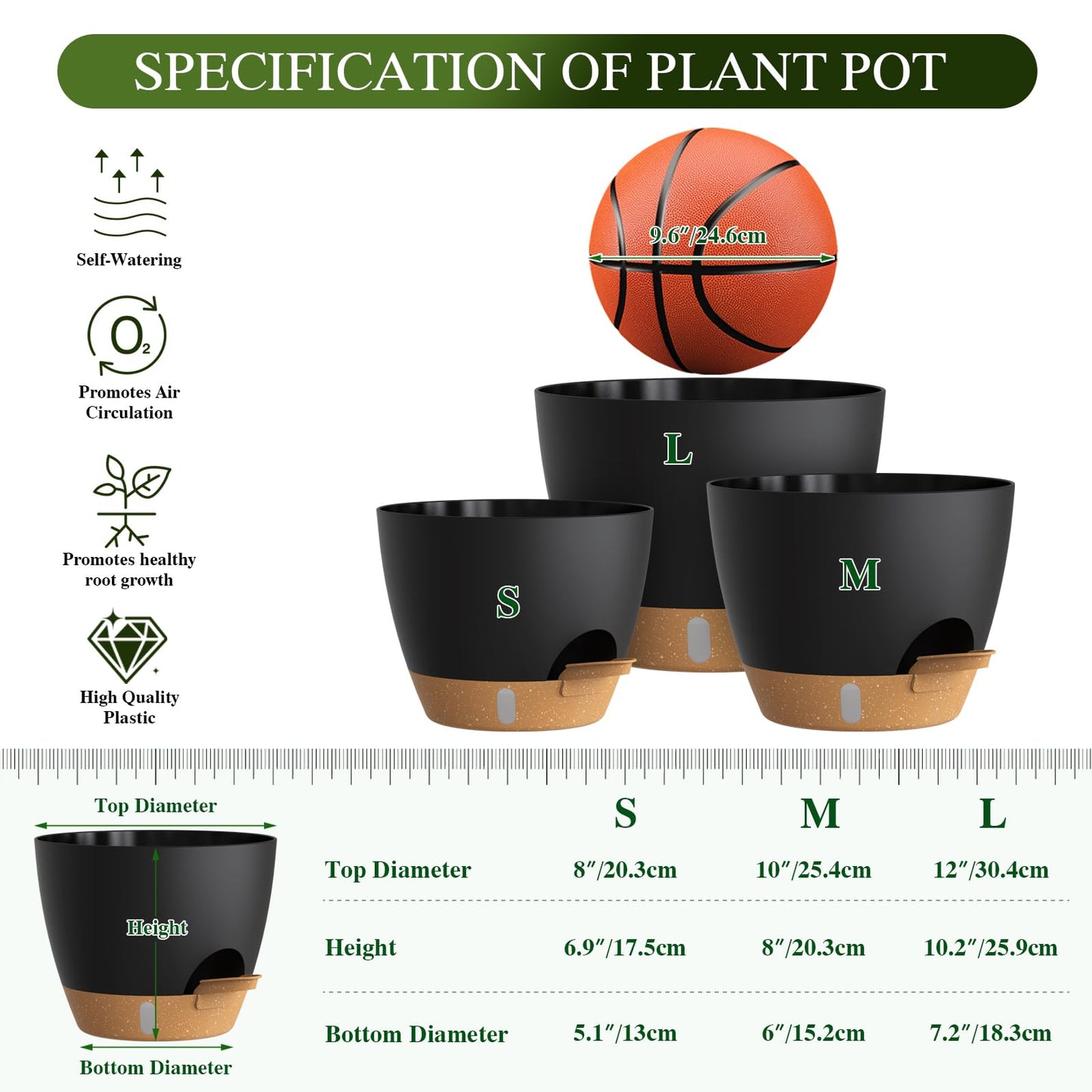 KUGAZ Self Watering Pots with Drainage Holes, 3 Pack 12/10/8 Inch Plant Pots with Water Level Indicator Deep Reservoir, Large Plastic Planter for Indoor Outdoor Plants - Black Brown