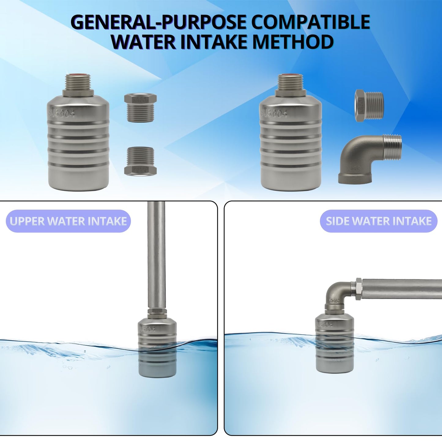 HXH 1 Pack NPT Water Float Valve Kit, 1/2" to 3/4'' Auto Shut off Water Level Control Float Valve, 304 Stainless Steel Fully Automatic water shut off valve for Pool, Livestock Troughs.