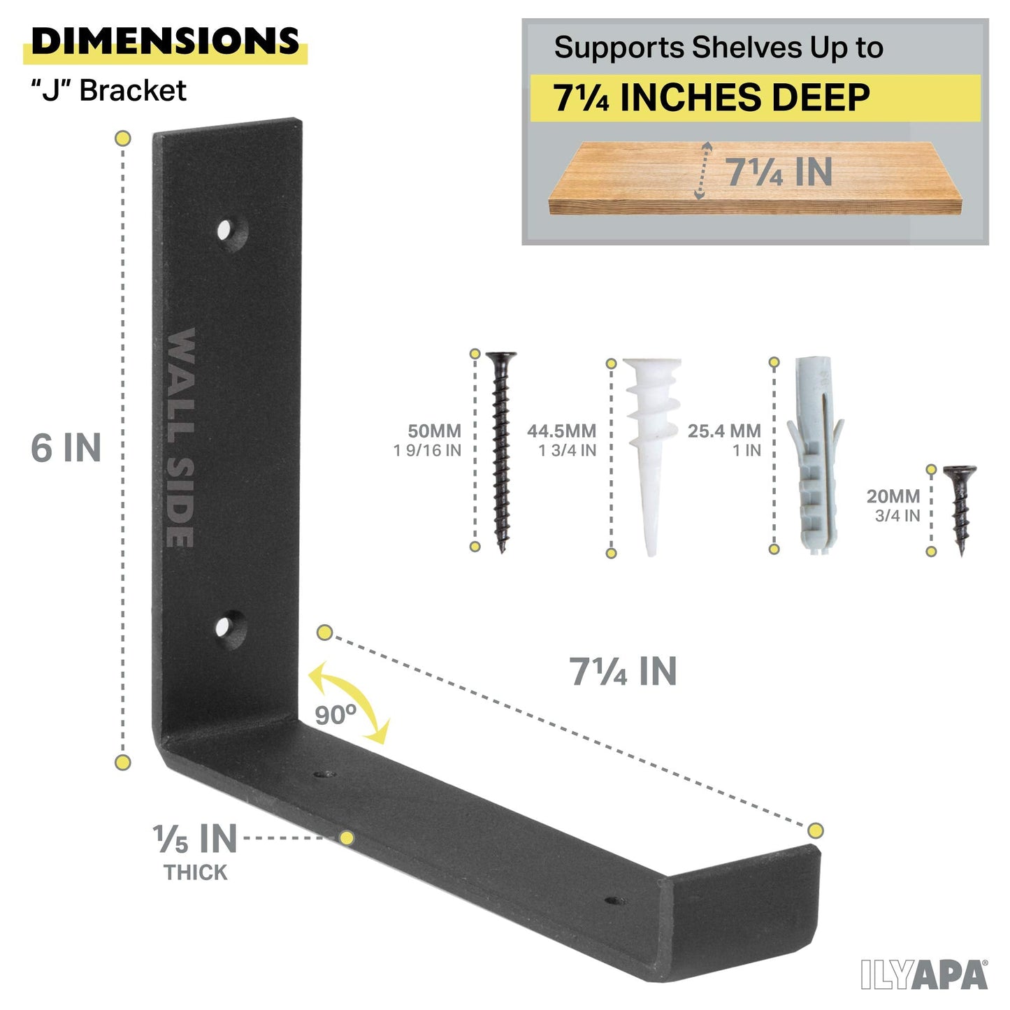 Ilyapa Heavy Duty Floating Shelf Brackets, 4 Pack, Rustic Iron - 6 x 7.25 Inch Black Metal Shelf Holders for Wall Mount Shelves