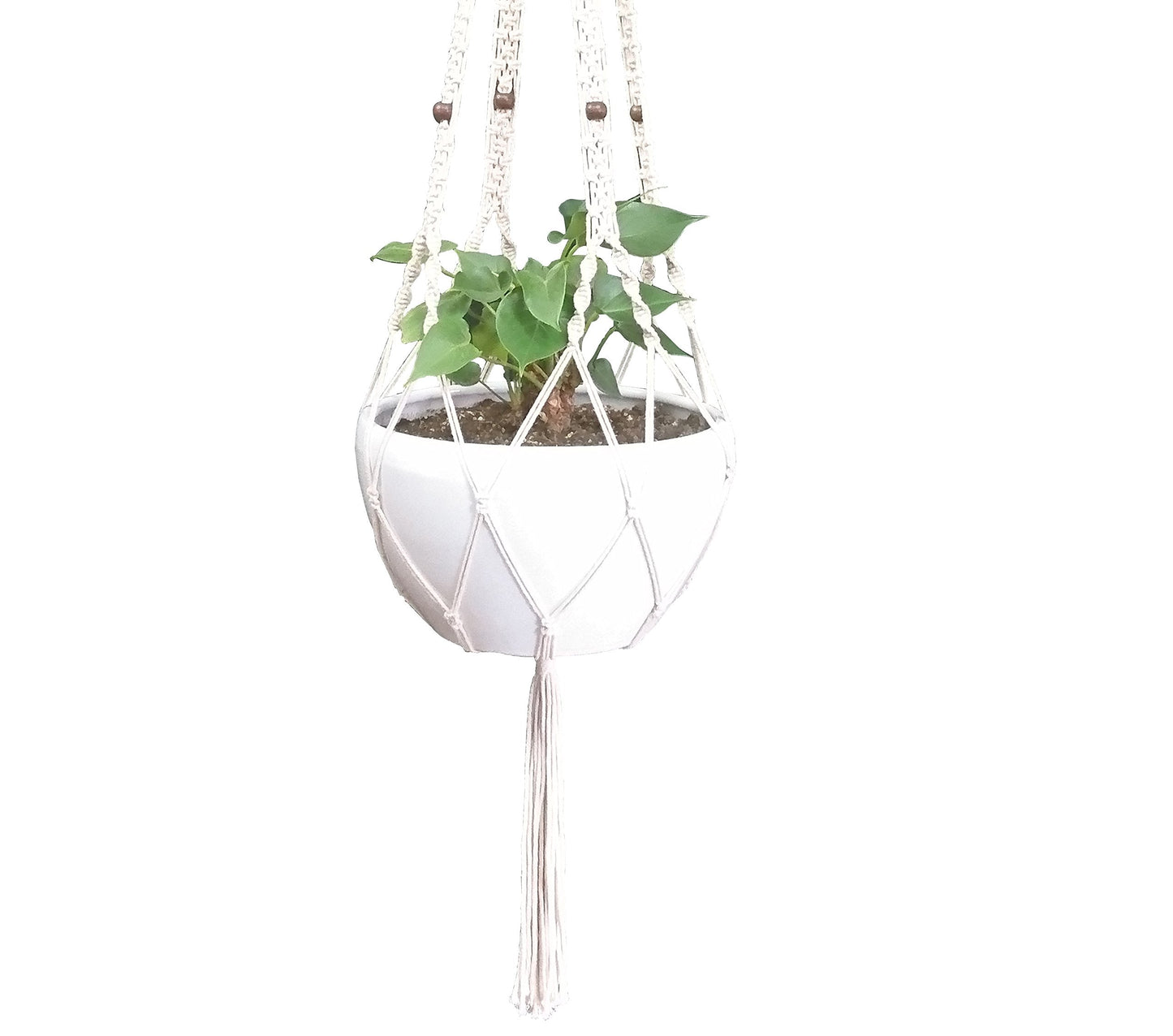 Hanpo Rope Macrame Plant Hanger Hanging Planter 4 Legs 59 Inch for 12-13 inch Plant Pot, Without Pot and Plant (Cream-Cotton)