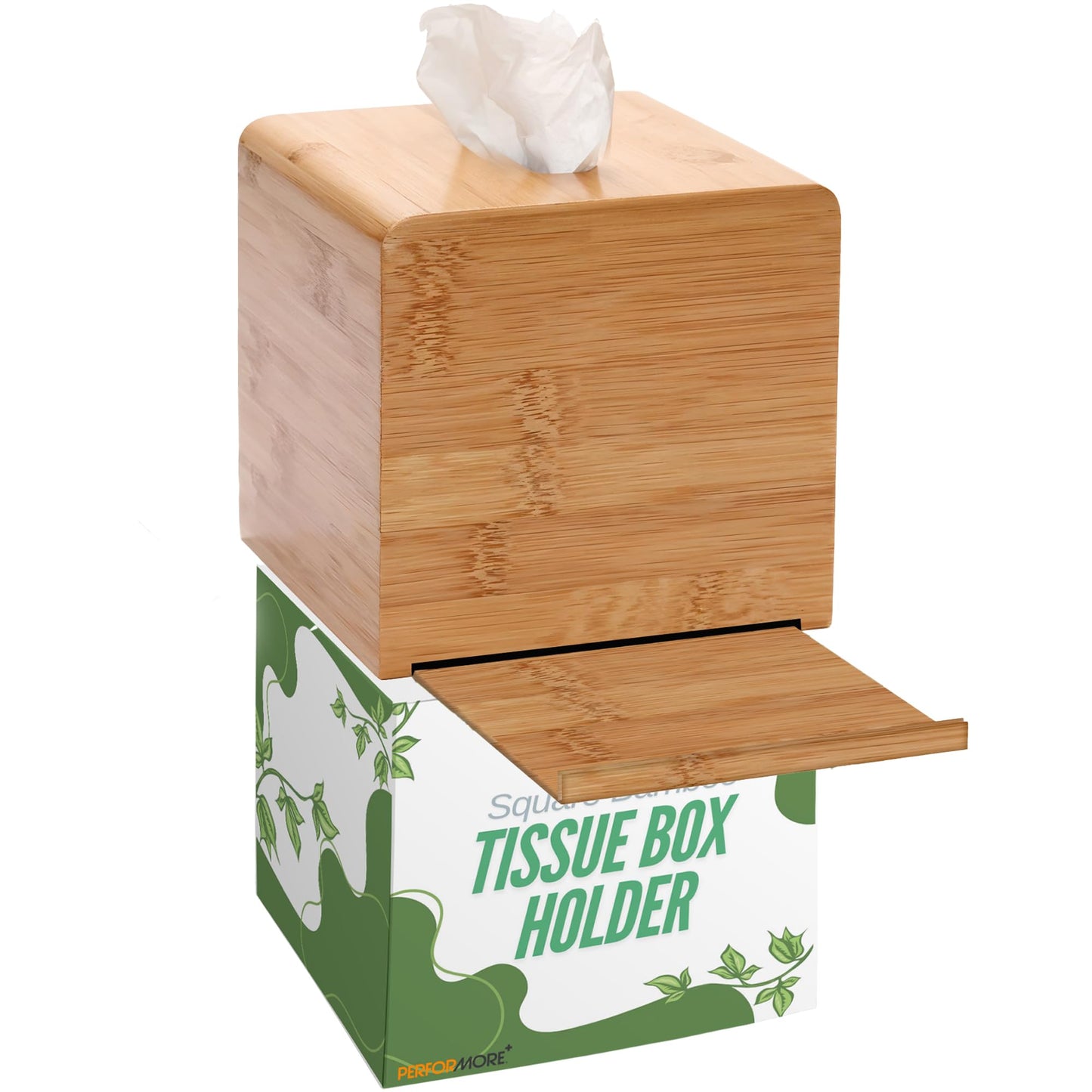 Performore Square Bamboo Tissue Box Cover - Stylish Water-Resistant Wooden Facial Tissue Holder for Bathroom, Office Desk & Nightstand - Compact 6.3" x 5.51" x 5.51" Design