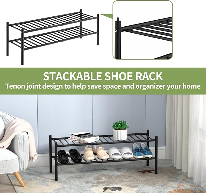 ROMGUAR CRAFT 2-Tier Bamboo Long Shoe Rack, Free Standing Wood Shoe Shelf