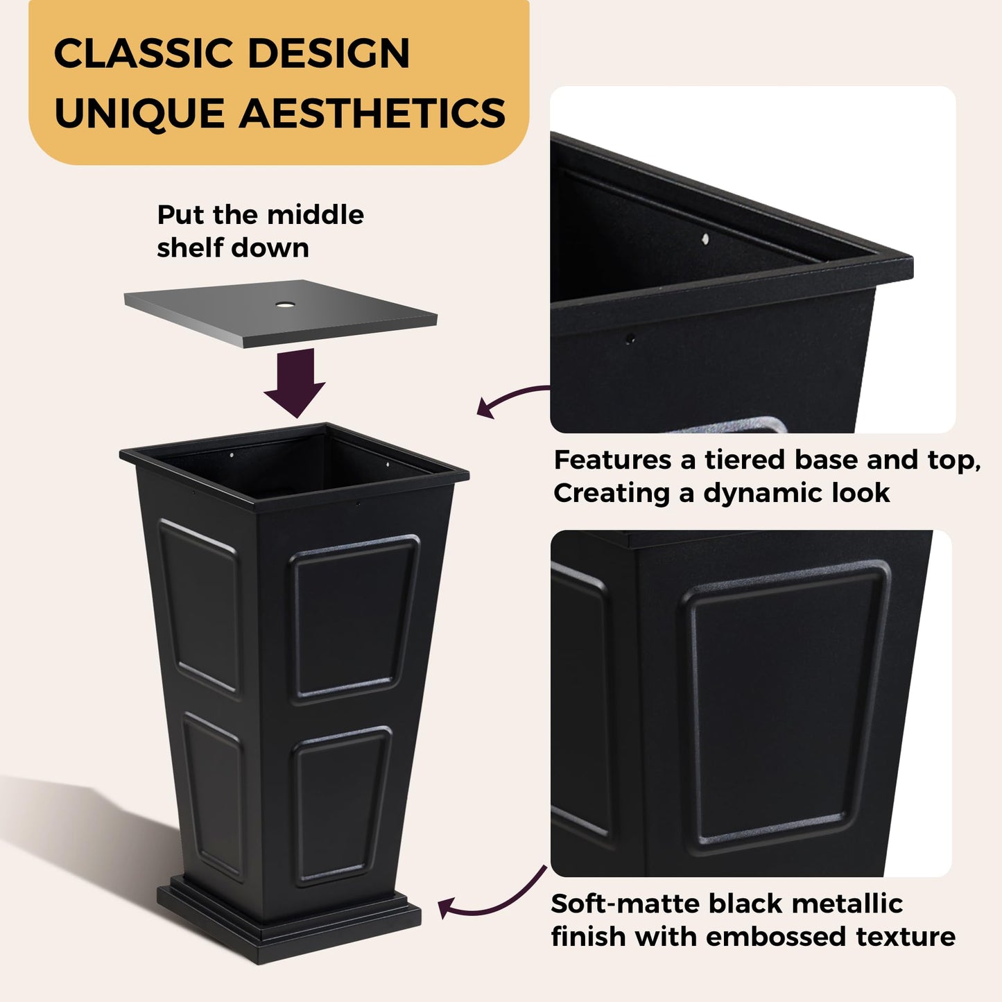 23" Tall Metallic Planter for Outdoor Plants Set of 2, Tapered Steel Flower Pot with Removable Middle Partition Drainage Holes, Large Metal Planters for Front Porch, Garden, Patio, Balcony, Black