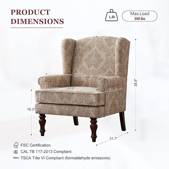HUIMO Printed Wingback Accent Chair, Linen Upholstered High Back Armchair
