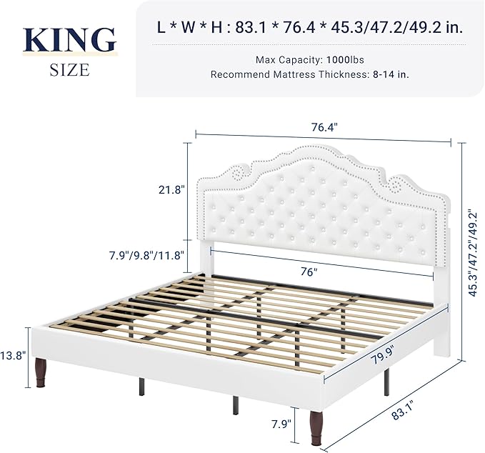 Allewie King Bed Frame with Adjustable Velvet Tiara Headboard, Upholstered