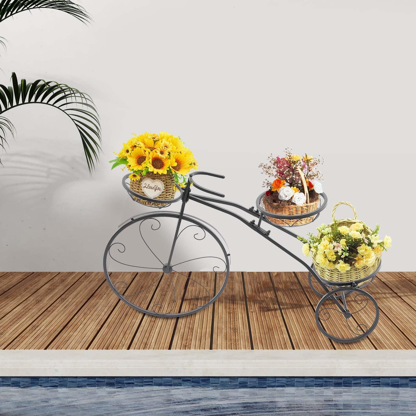 QQDETRR Bicycle Plant Stand, Large Metal Tricycle Planter for Indoor/Outdoor, 3-Tier Flower Holder for Garden, Home, Black