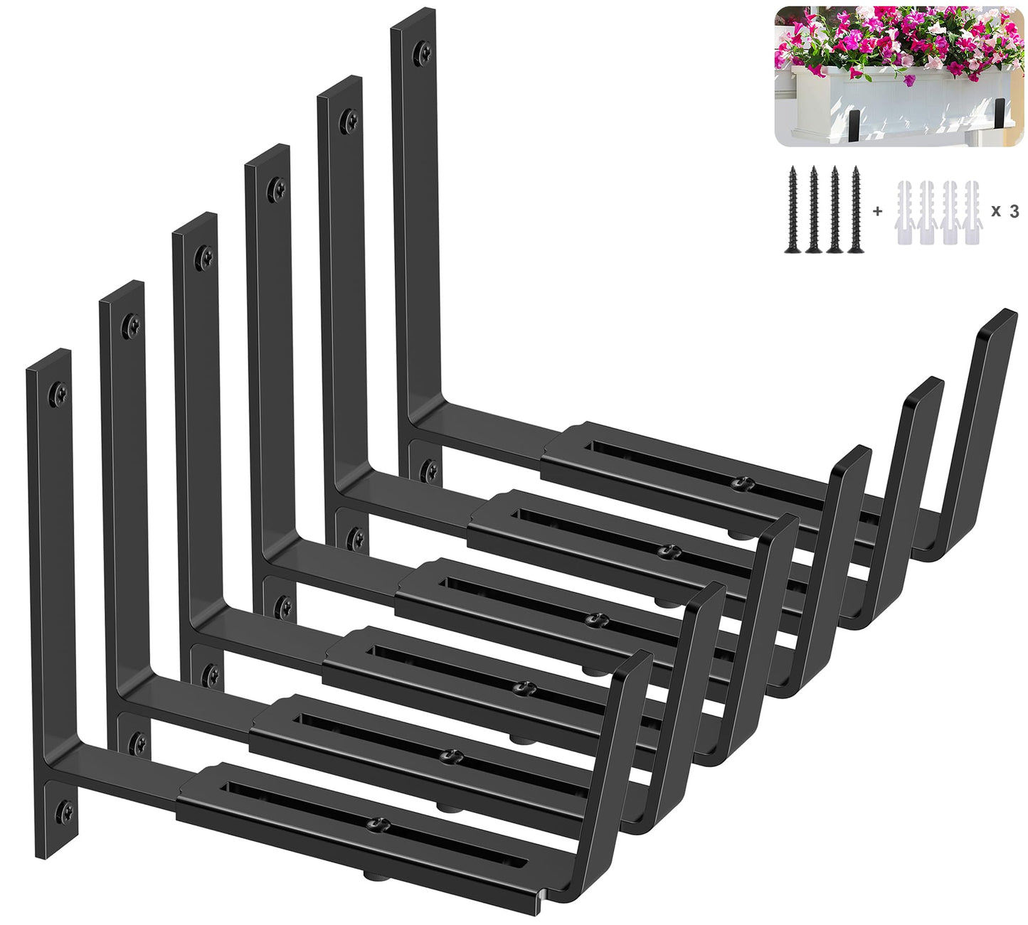 Y&M 6 Pack Adjustable Planter Box Brackets (6 to 12.5 in), Universal Window Box Brackets, Heavy Duty Iron Flower Box Wall Mounting Hooks for Balcony, Fences, Patio, and Garden - Black