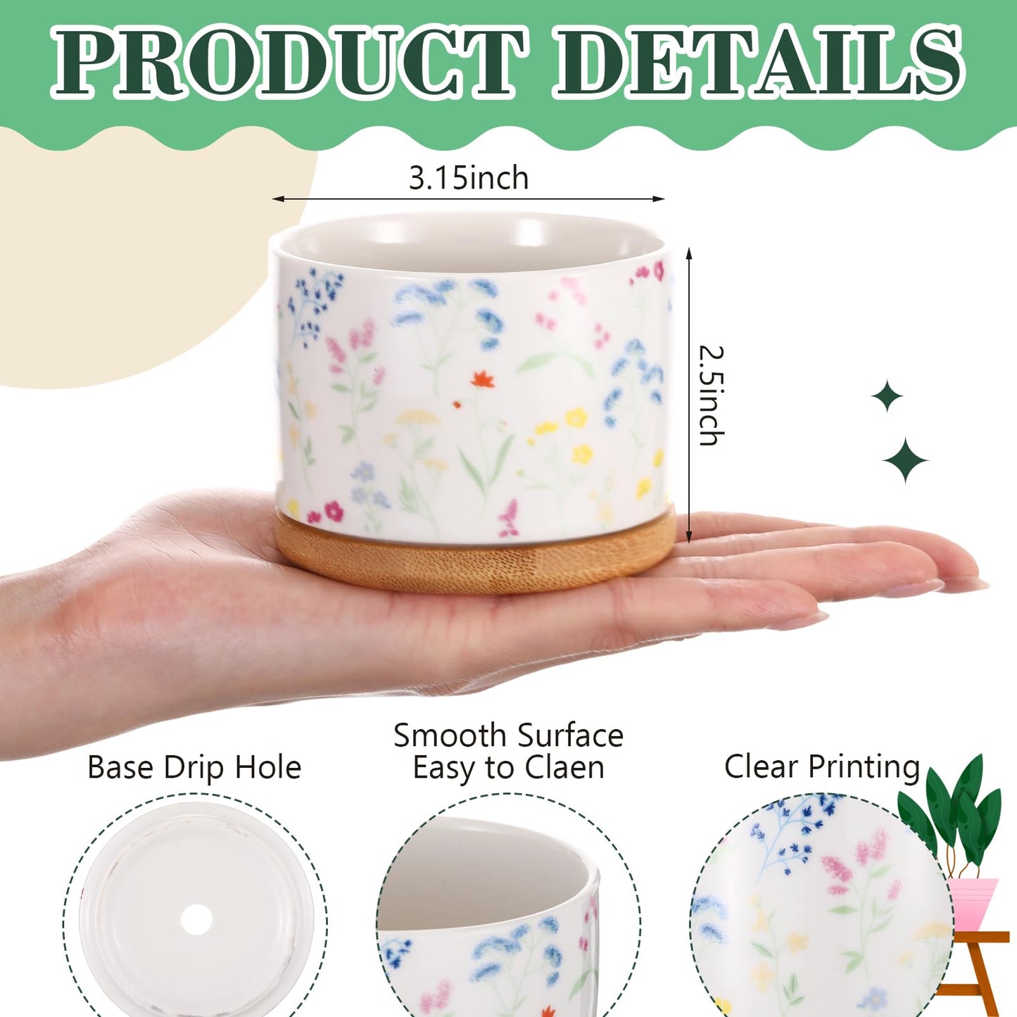 Mimorou 3 Pcs Wildflower Decor Gift for Women Ceramic Succulent Pots with Bamboo Tray for Spring Office Home Farm House Kitchen Decorations (No Plants Included)
