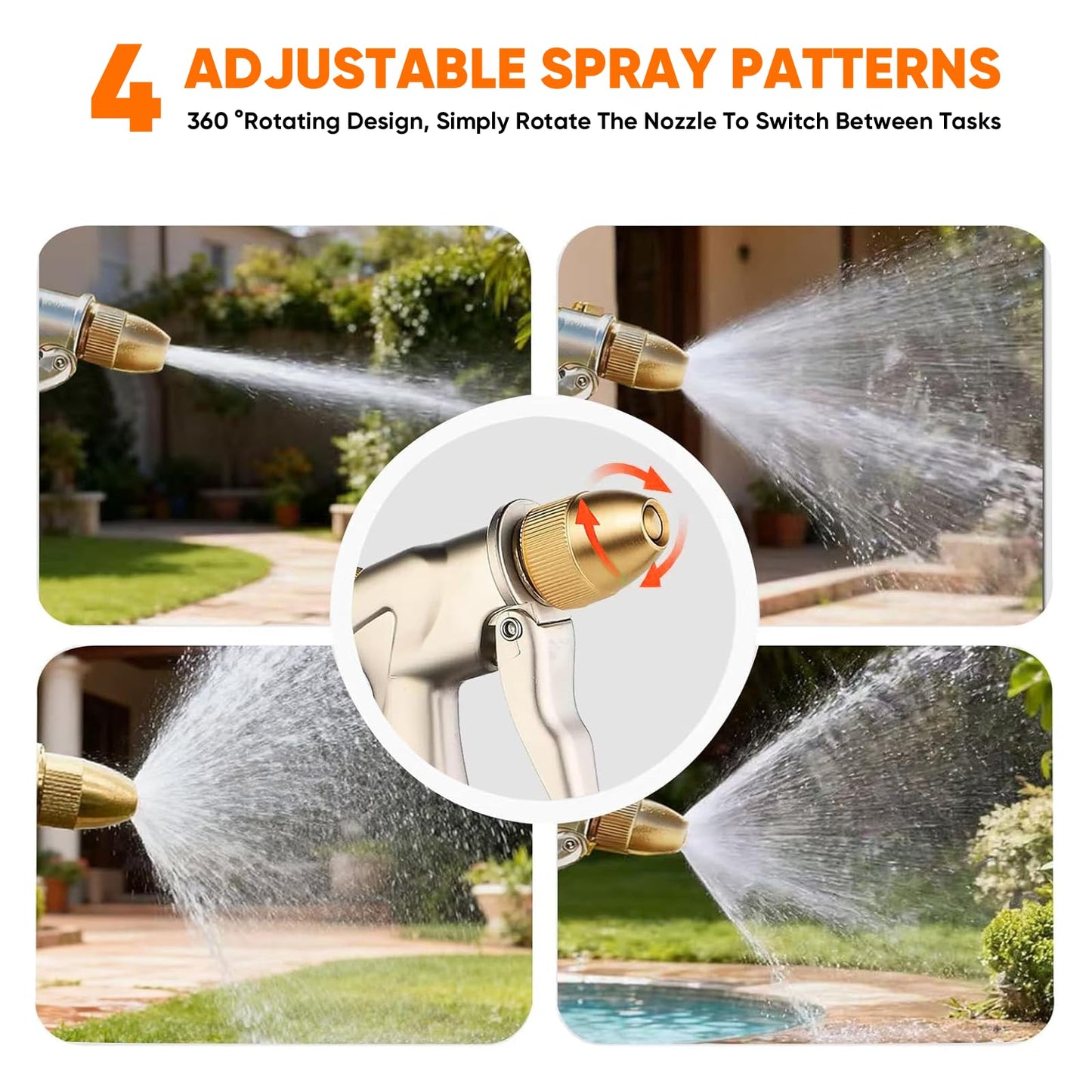 Garden Hose Nozzle, Heavy-Duty Outdoor Water Sprayer with 4 Spray Patterns Leak-Proof Brass Nozzle for Watering Plants, Car Washing, Pet Bathing