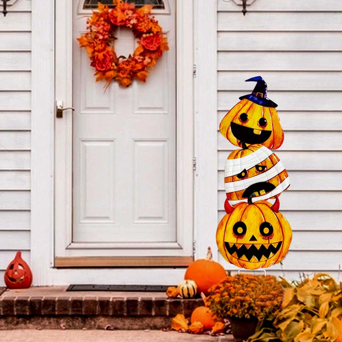 3 Packs Halloween Garden Stakes, Stacked Metal Pumpkins Jack-o-Lantern LawnDecor, Halloween Decorative 3D Pumpkin Yard Signs Stake for Outdoor Front Garden Pathway Decorations