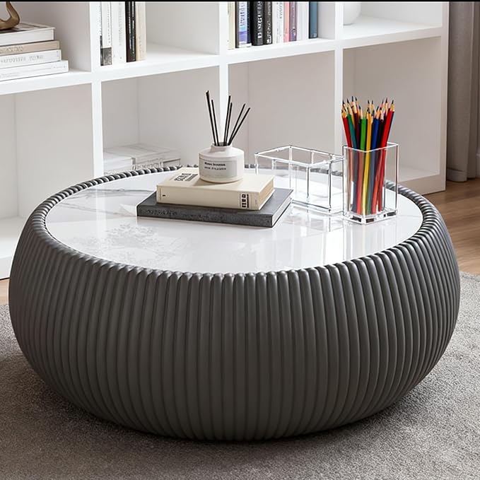 SSLine Round Drum Coffee Table Modern Sintered Stone Top Coffee Table in Grey