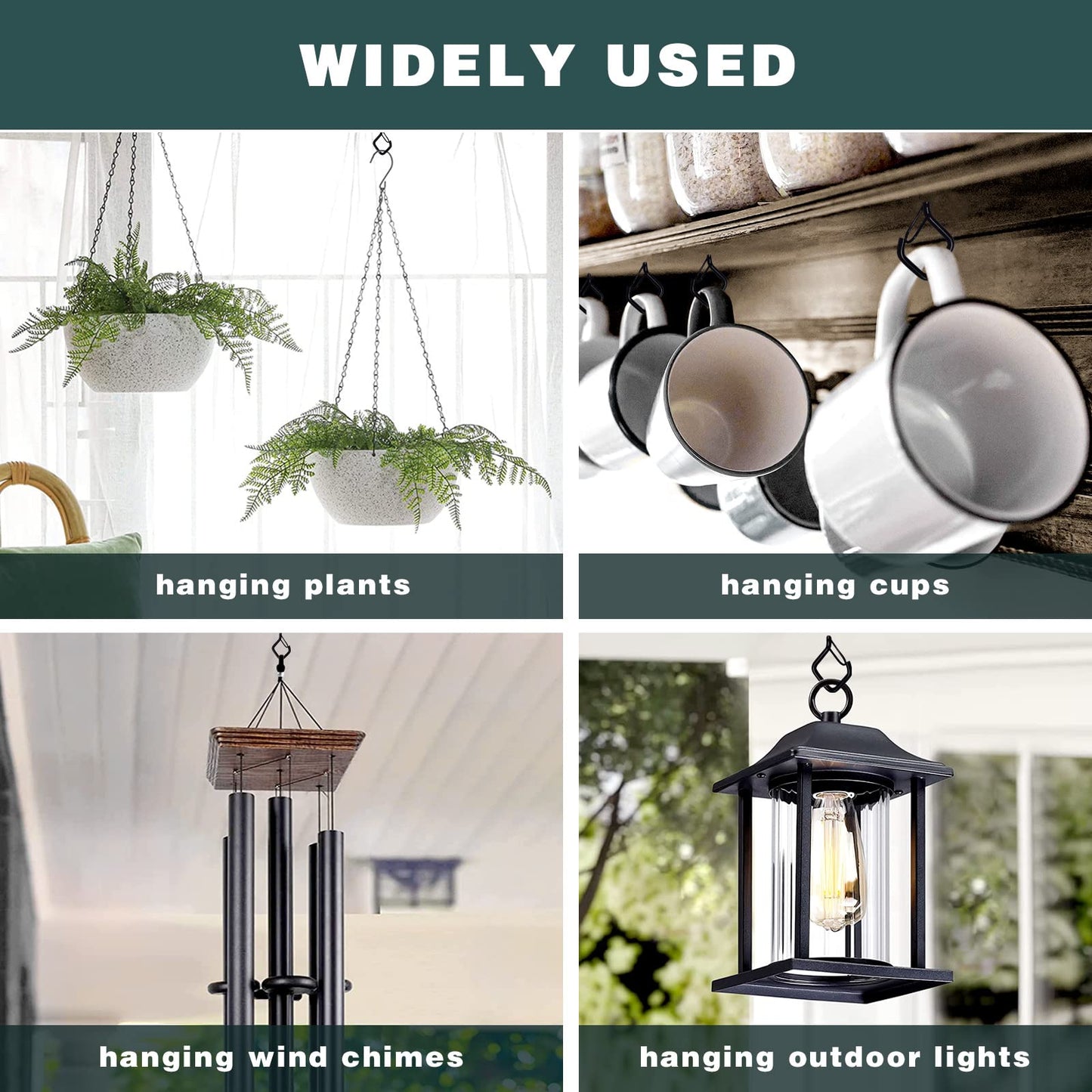 Ticway 20 PCS Q-Hanger Hooks for String Lights, Ceiling Hooks for Hanging Plants, Wind Chimes, Bird Feeders, Lanterns, Christmas Decorations (Square Hanger) Black